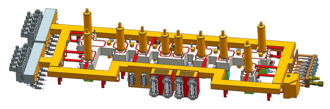 Sequential valve hot runner layout in a front grille mold used to control flow order across long structural sections