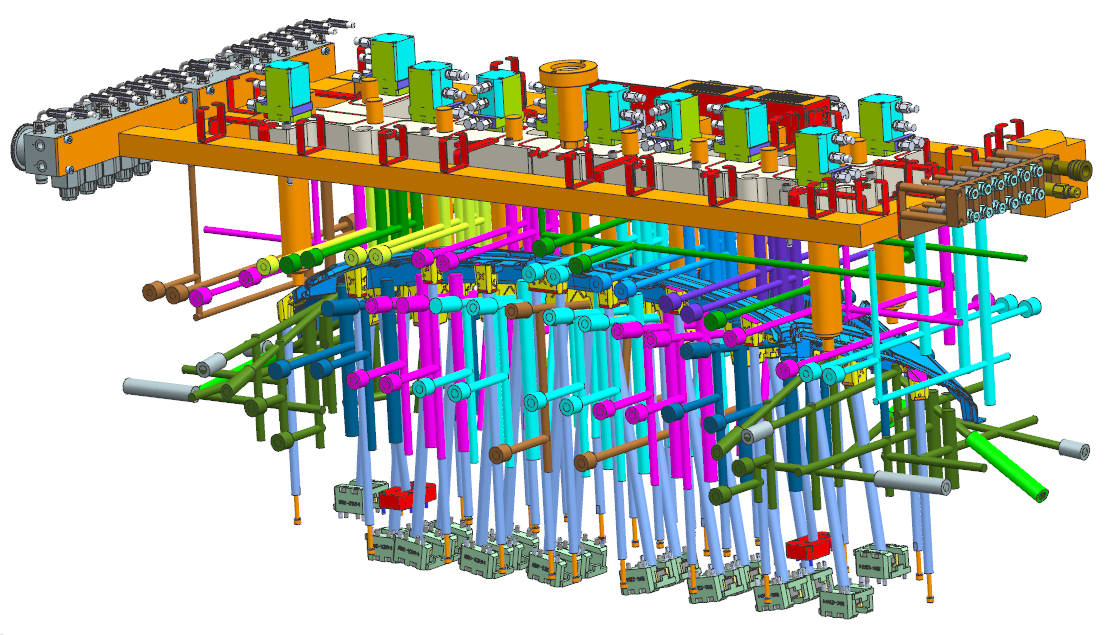 Integrated view of flow control, cooling circuits, and ejection system in a front grille mold showing system-level engineering coordination