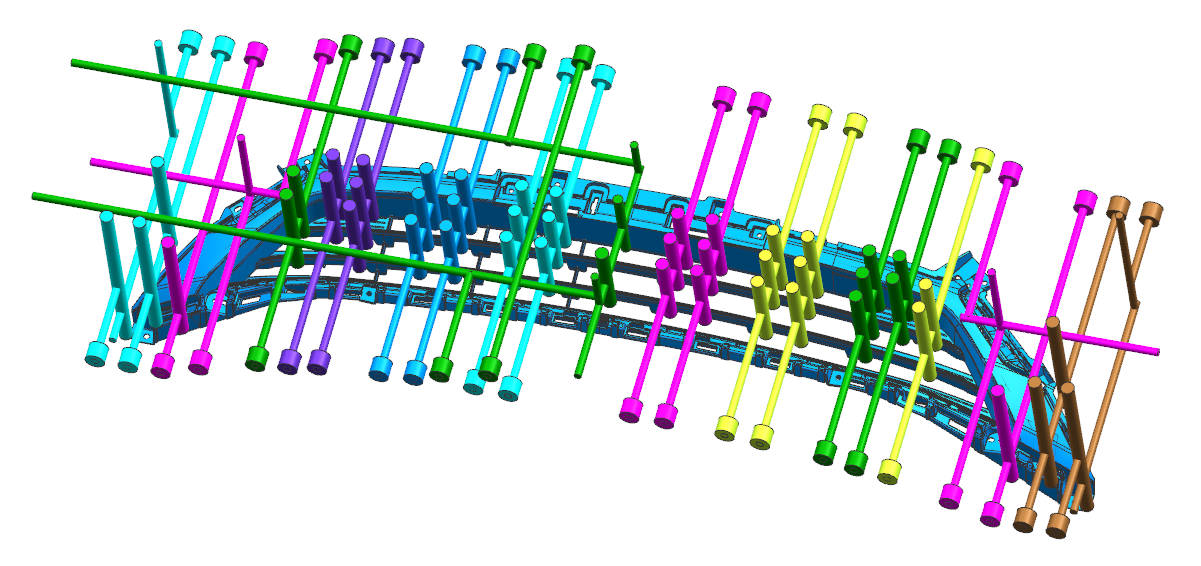 Cavity-side cooling layout in a front grille mold designed to stabilize rib-dense and long structural sections