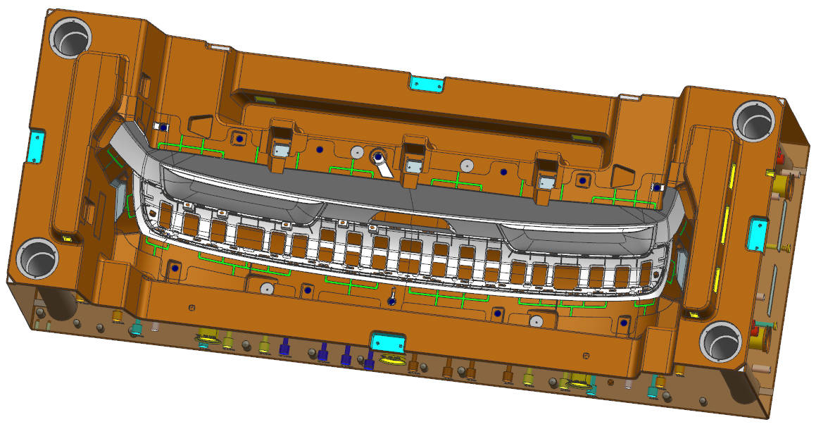 Cavity-side venting design of rear bumper lower guard injection mold, showing vent grooves arranged for gas evacuation during filling